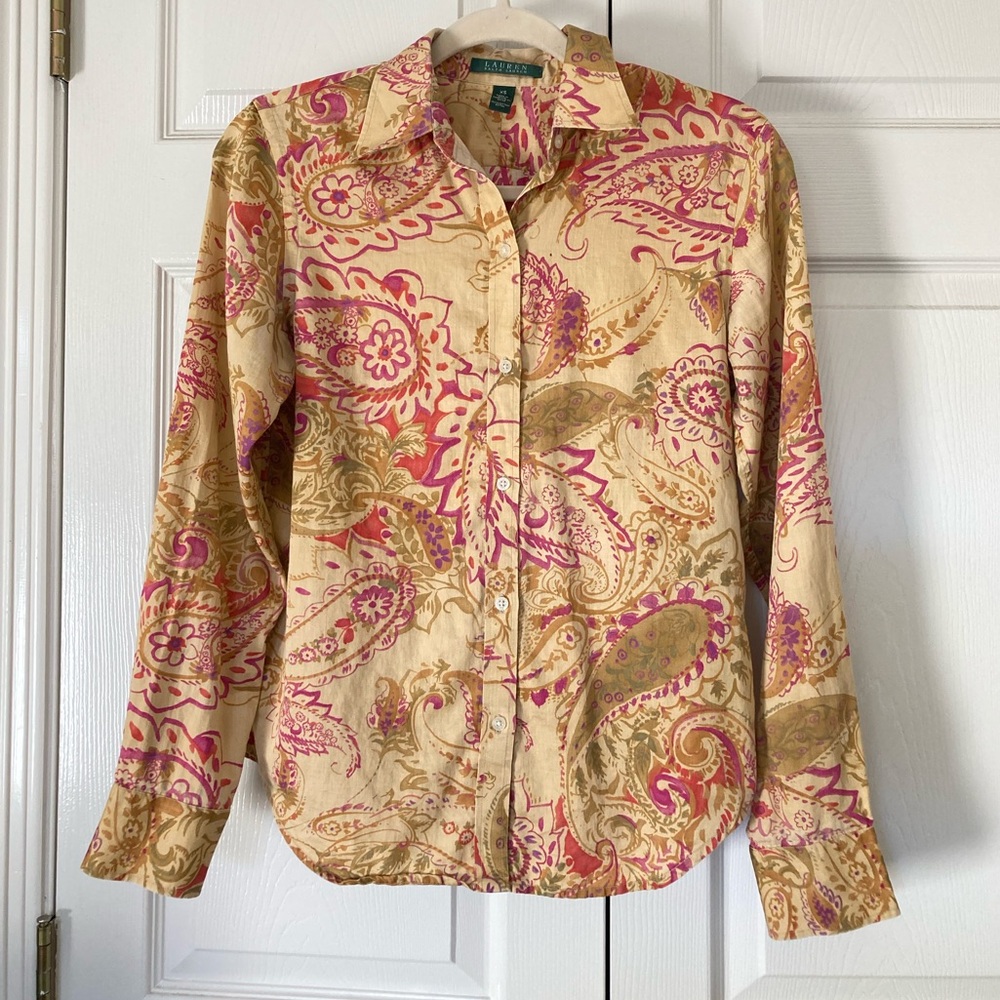 Ralph Lauren paisley floral button up shirt cottage earthy muted neutrals